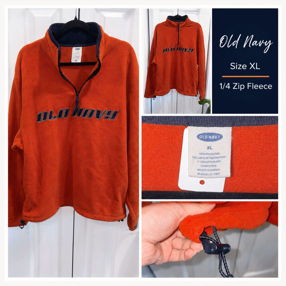 Vintage Old Navy Orange Fleece Pullover Y2K 1/4 Zip Spellout Size XL
